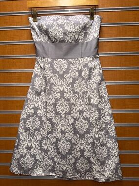 LOFT Strapless Gray and White Damask A-Line Dress